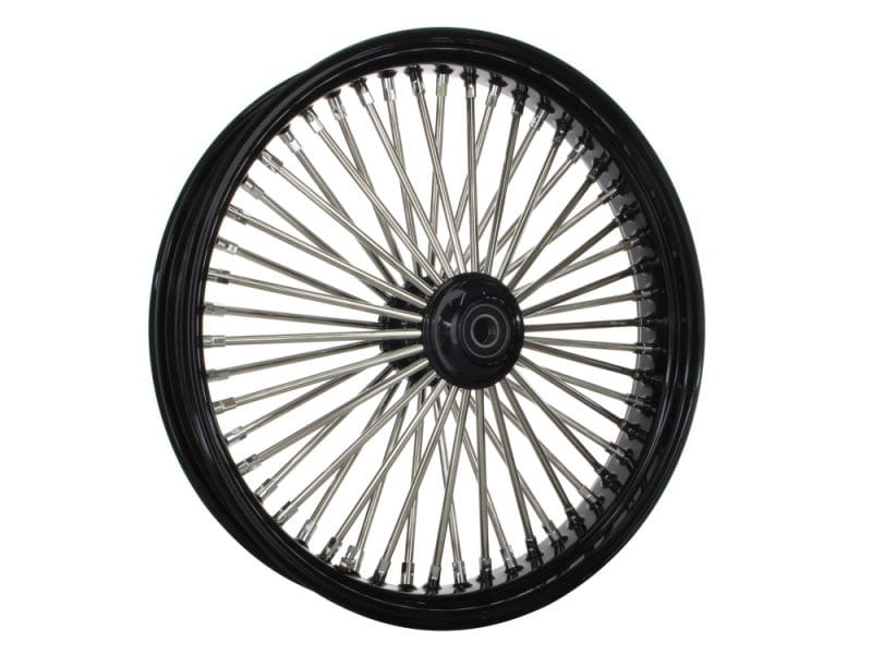 High-quality motorcycle wheel with metal spokes and black rim for custom bikes.