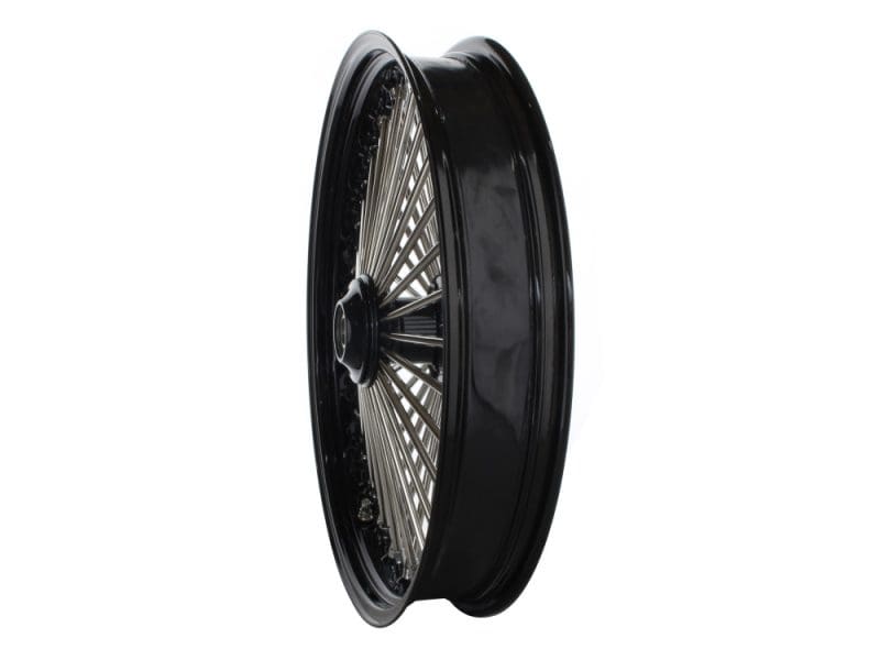 High-performance motorcycle wheel for Revelry Motorcycles, alloy rim and spoked design.