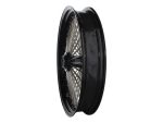 Black motorcycle wheel with chrome spokes for Revelry Motorcycles Australia.
