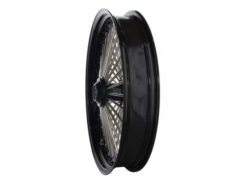 Black motorcycle wheel with chrome spokes for Revelry Motorcycles Australia.