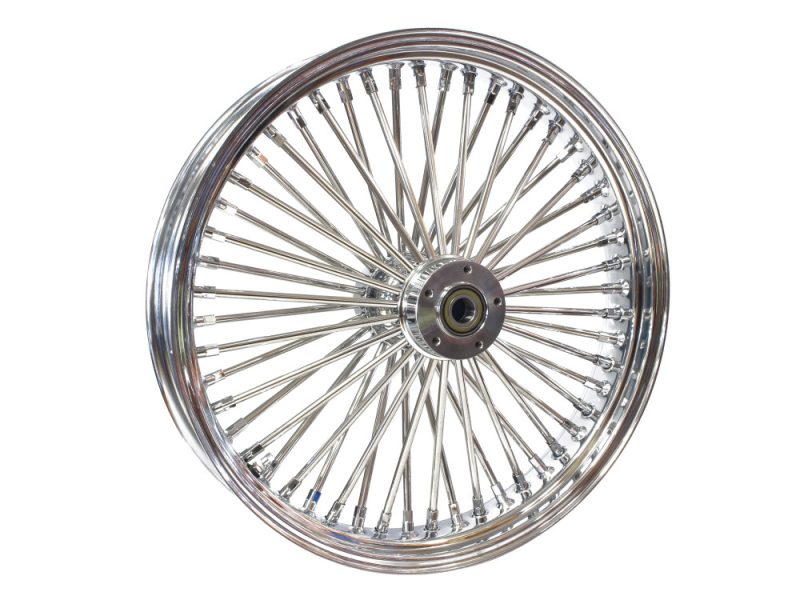 21in. x 3.5in. Mammoth Fat Spoke Front Wheel - Chrome. Fits Fits Dual Disc Dyna Fat Bob 2012-2017 & CVO Pro Street Breakout 2016-2017 High-quality chrome motorcycle wheel with spokes for custom Revelry Motorcycles in Australia.