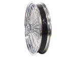 Shiny chrome motorcycle wheel with spokes for custom Revelry Motorcycles.