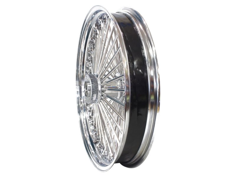 Shiny chrome motorcycle wheel with spokes for custom Revelry Motorcycles.