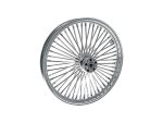 Chrome motorcycle wheel with spokes and hub for vintage or custom bikes.