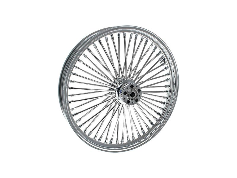 Chrome motorcycle wheel with spokes and hub for vintage or custom bikes.