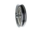 Shiny chrome motorcycle wheel with black rim for custom café racer bikes.