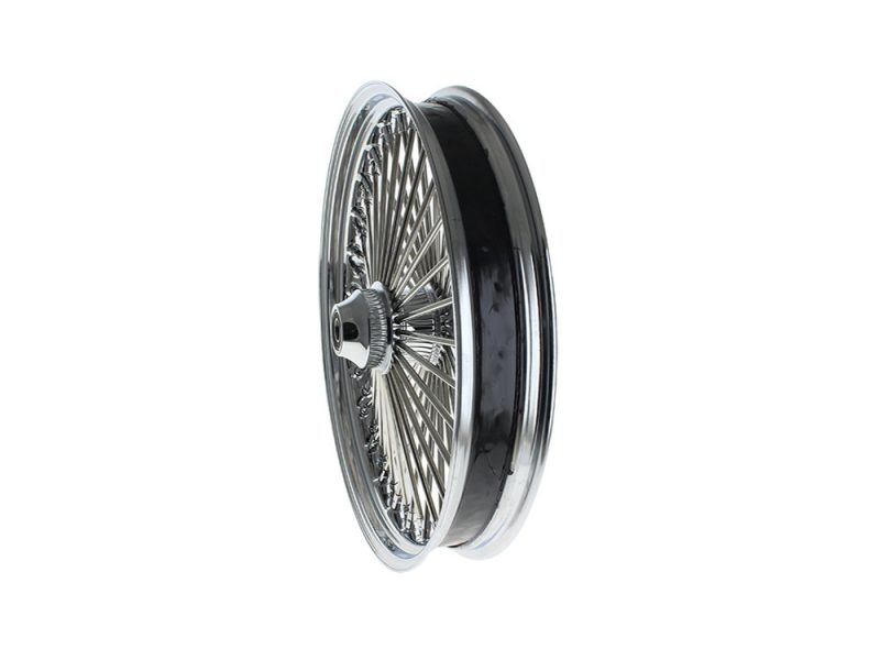 Shiny chrome motorcycle wheel with black rim for custom café racer bikes.