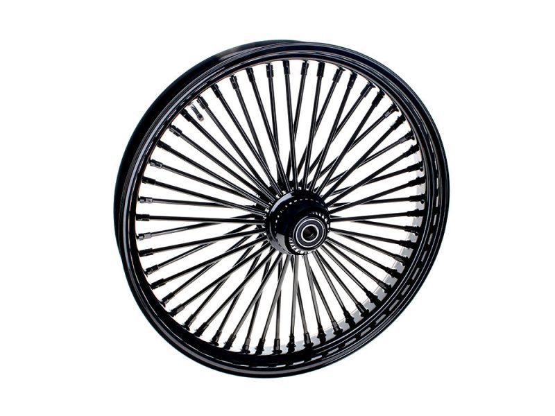 23in. x 3.5in. Mammoth Fat Spoke Front Wheel - Gloss Black. Fits Fatboy 2018up Graphical black motorcycle wheel with spokes for Revelry Motorcycles Australia.