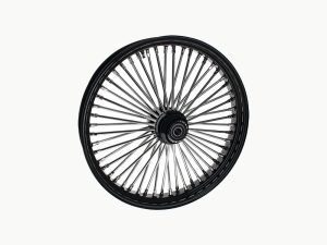 High-performance motorcycle wheel with black rim and silver spokes for Revelry Motorcycles.