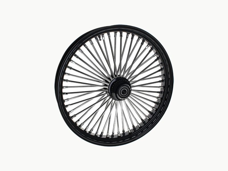 High-performance motorcycle wheel with black rim and silver spokes for Revelry Motorcycles.
