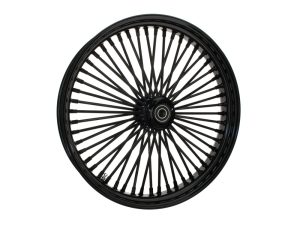 High-performance motorcycle wheel for Revelry Motorcycles, sleek black alloy rim with spokes.