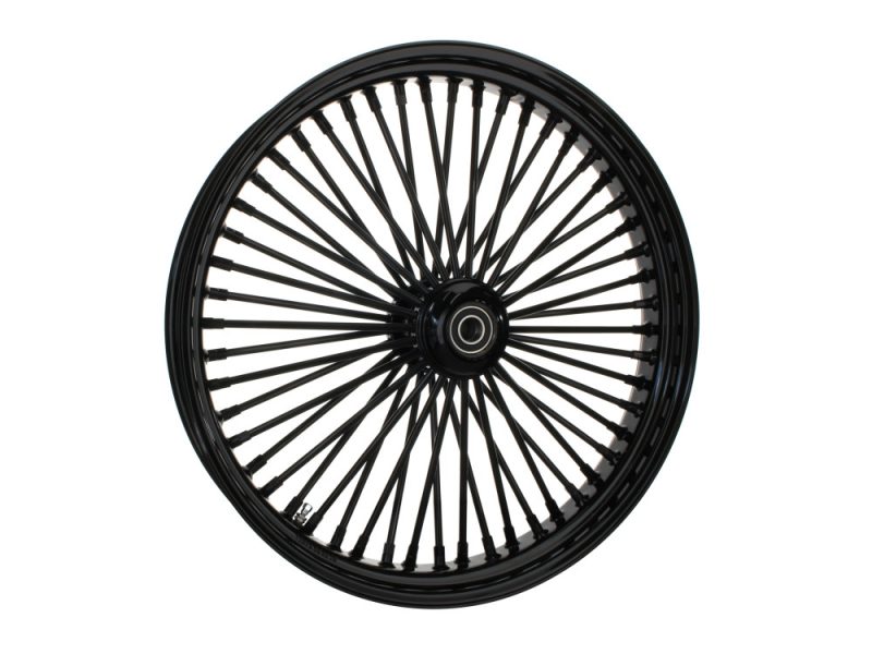 23in. x 3.5in. Mammoth Fat Spoke Front Wheel - Gloss Black. Fits Mid Glide Dyna 2012-2017 & FX Softail 2018up. High-performance motorcycle wheel for Revelry Motorcycles, sleek black alloy rim with spokes.