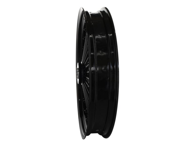 Black motorcycle wheel for Revelry Motorcycles custom bikes and repairs.