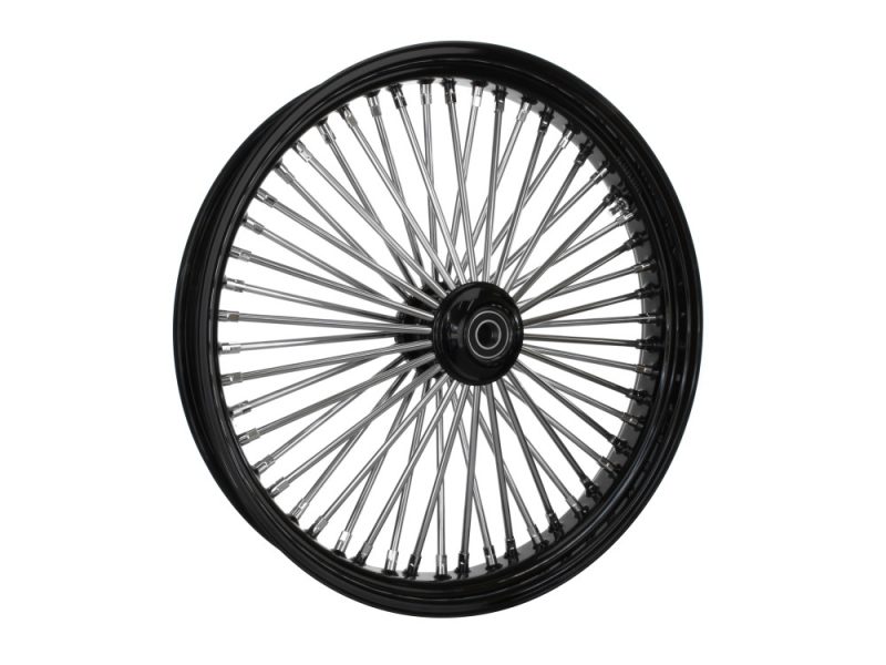 23in. x 3.5in. Mammoth Fat Spoke Front Wheel - Gloss Black & Chrome. Fits Mid Glide Dyna 2012-2017 & FX Softail 2018up. High-quality motorcycle wheel with black rim and spokes for Revelry Motorcycles.