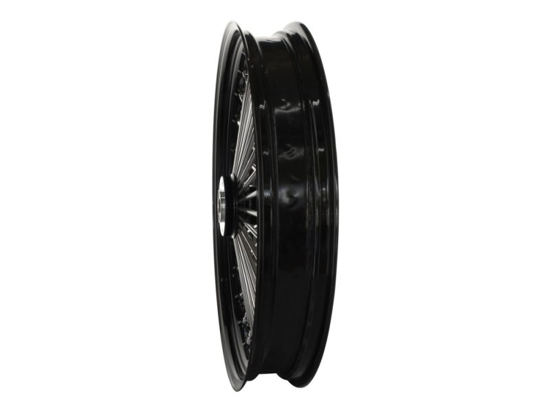 High-quality black motorcycle wheel with spoked design for custom bikes and restorations.