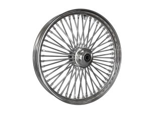 Shiny chrome motorcycle wheel with spokes, ideal for custom Revelry Motorcycles builds.