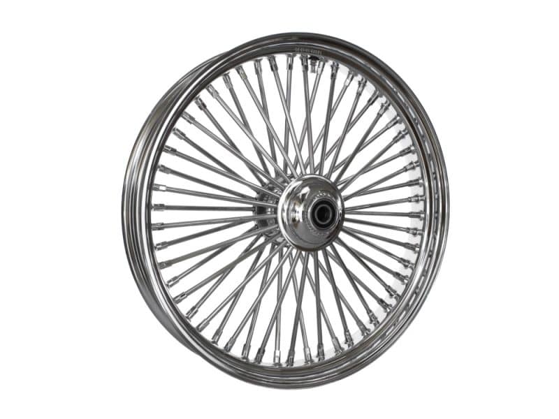 23in. x 3.5in. Mammoth Fat Spoke Front Wheel - Chrome. Fits FX Softail 2000-2006 & Dyna Wide Glide 2000-2005. Shiny chrome motorcycle wheel with spokes, ideal for custom Revelry Motorcycles builds.