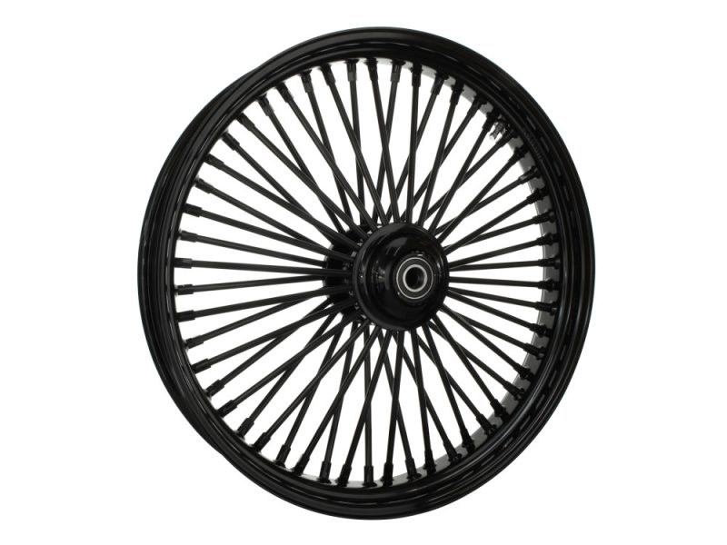 Black motorcycle wheel with spokes for Revelry Motorcycles.