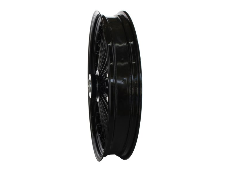 High-performance black motorcycle wheel for custom motorcycles and cruiser bikes.