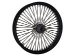 High-performance motorcycle wheel with black rim and metal spokes for Revelry Motorcycles.