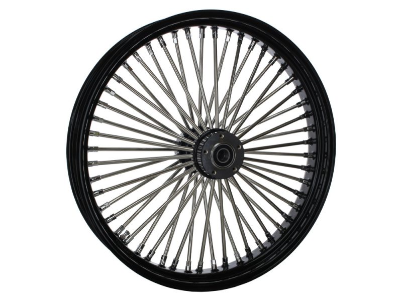 High-performance motorcycle wheel with black rim and metal spokes for Revelry Motorcycles.