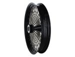High-performance black motorcycle wheel with chrome spokes for Revelry Motorcycles.