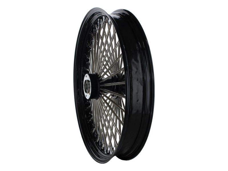 High-performance black motorcycle wheel with chrome spokes for Revelry Motorcycles.