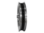 Chrome motorcycle wheel with black alloy rim for vintage bikes.