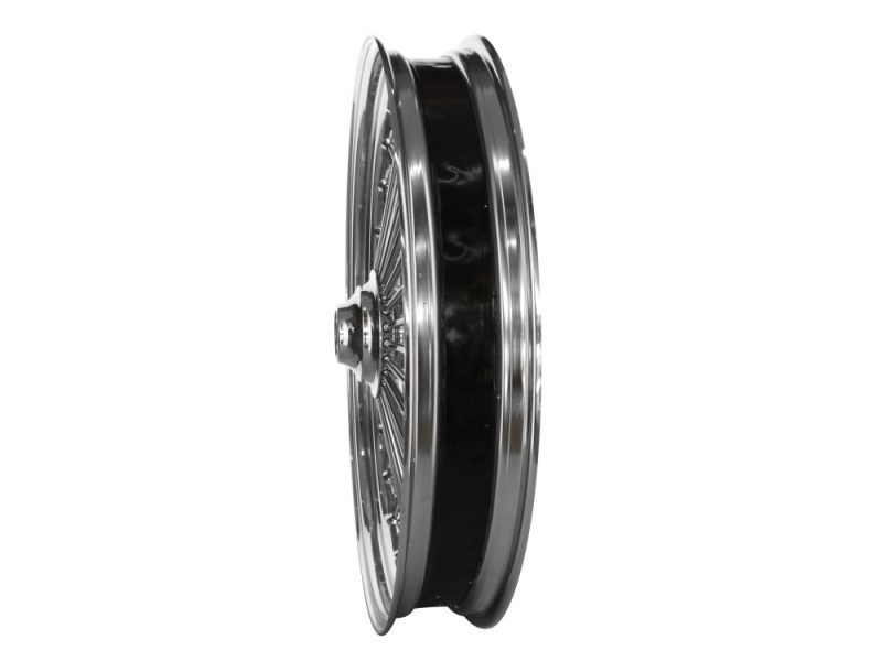 Chrome motorcycle wheel with black alloy rim for vintage bikes.
