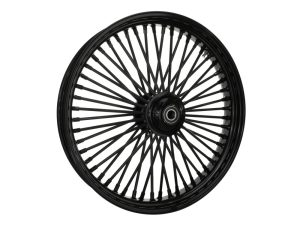 Black motorcycle spoked wheel for Revelry Motorcycles, durable design, high-quality components, perfect for custom bikes.