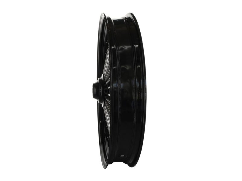 Black motorcycle wheel, high-quality forged alloy rim, designed for Revelry Motorcycles.