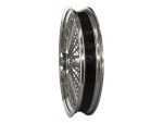 Polished motorcycle wire-spoked wheel for custom Revelry Motorcycles bikes.