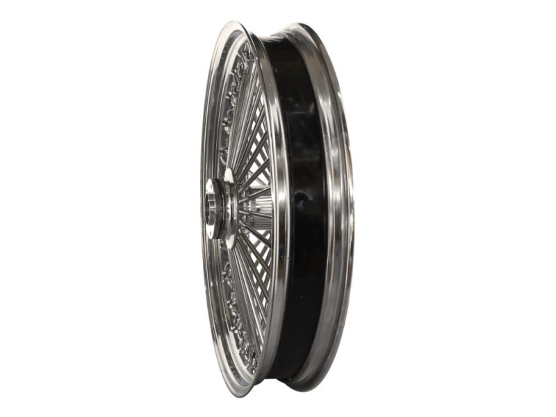 Polished motorcycle wire-spoked wheel for custom Revelry Motorcycles bikes.
