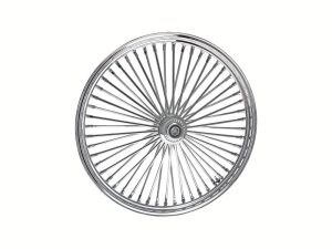 Polished chrome wire-spoke motorcycle wheel for Revelry Motorcycles parts and accessories.