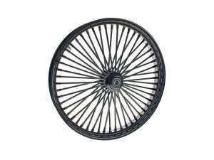 High-performance black motorcycle wheel with spokes for custom bikes and racing.