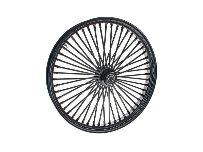 High-performance black motorcycle wheel with spokes for custom bikes and racing.