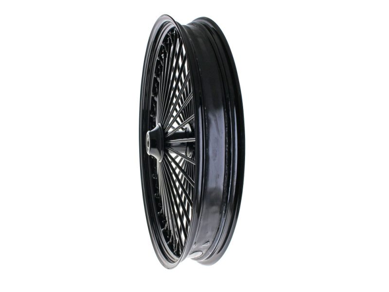High-quality black motorcycle wheel for cruisers and custom bikes. Perfect for enhancing motorcycle style and performance.