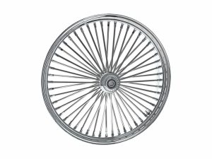 Chrome motorcycle wheel rim, classic spoked design, for vintage and custom motorcycles.