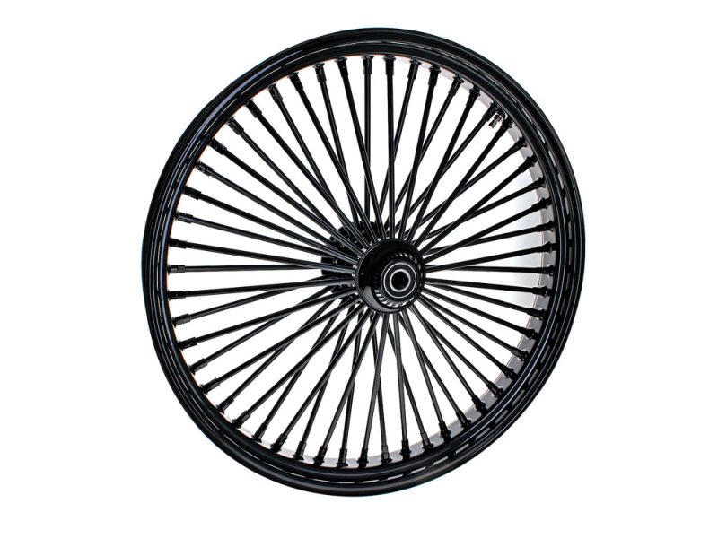 26in. x 3.5in. Mammoth Fat Spoke Front Wheel - Gloss Black. Fits Softail Heritage 2011up Black motorcycle wheel with spokes for Revelry Motorcycles in Australia.