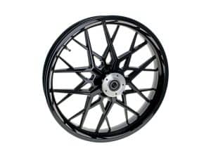 High-performance motorcycle wheel with black and silver finish for Revelry Motorcycles.