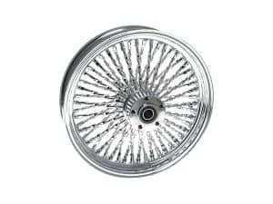 Polished chrome motorcycle wire-spoke wheel for custom bikes and motorcyclist accessories.