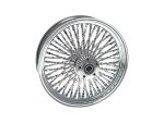 Shiny chrome motorcycle wheel with intricate spoke design for cruiser bikes.