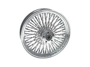 Shiny chrome motorcycle wheel with intricate spoke design for cruiser bikes.
