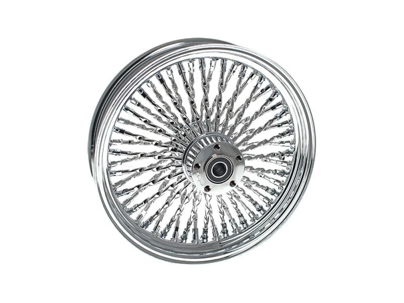 18in. x 3.5in. Cali Fat Spoke Rear Wheel - Chrome. Fits Softail 2011up. Shiny chrome motorcycle wheel with intricate spoke design for cruiser bikes.