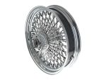 Shiny chrome motorcycle wire-spoke wheel with central hub for custom cruisers.