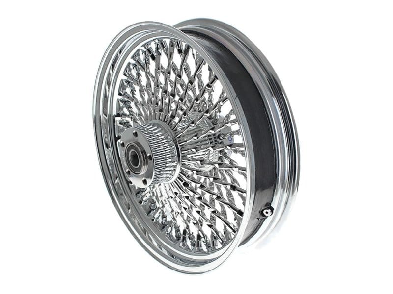 Shiny chrome motorcycle wheel with intricate wire spokes for classic cruiser bikes.