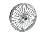 Shiny chrome motorcycle wheel with intricate spoke design for vintage and custom bikes.