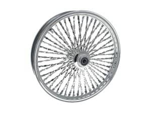 Shiny chrome motorcycle wheel with intricate spoke design for vintage and custom bikes.