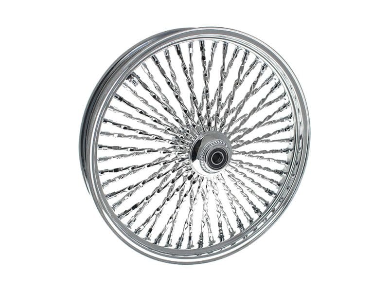 21in. x 3.5in. Cali Fat Spoke Front Wheel - Chrome. Fits Softail Heritage 2011up Shiny chrome motorcycle wheel with intricate spoke design for vintage and custom bikes.