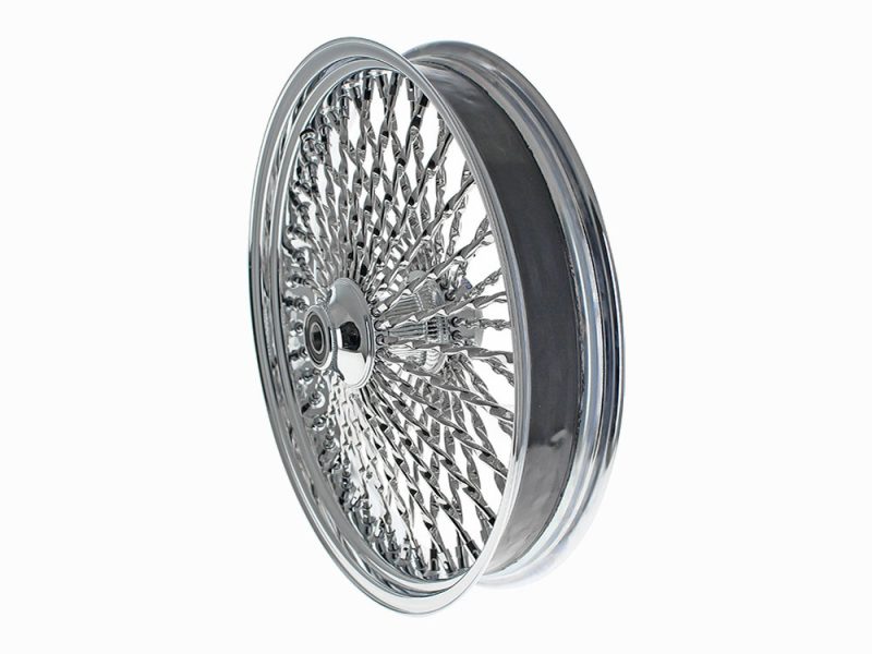 Shiny chrome wire-spoke motorcycle wheel for Harley Davidson bikes.